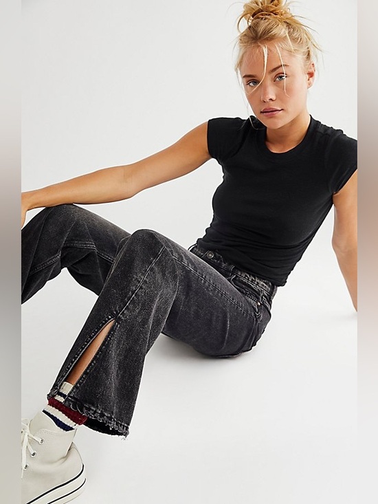 Free People Denim - Free People Long Lines Slit Front High Rise Straight Leg Jeans Rockin Black 25